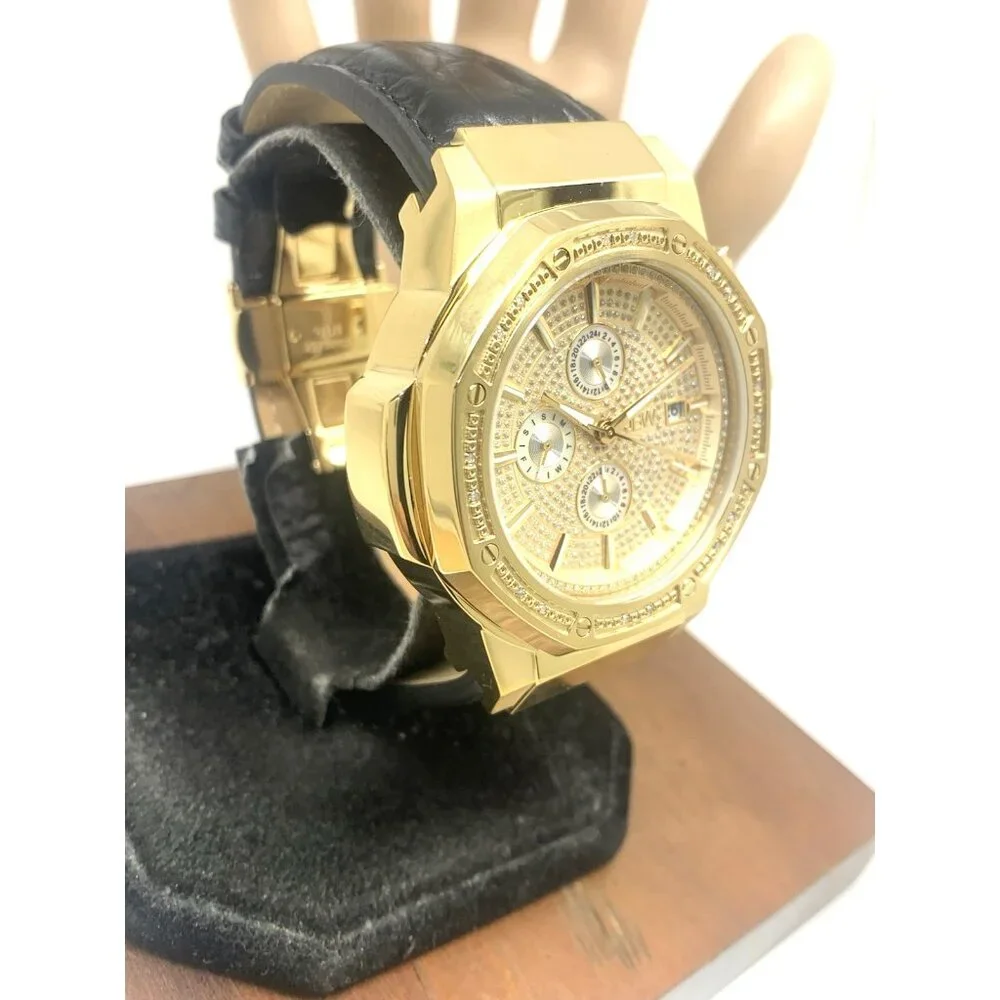 JBW Men's Watch JB-6101L-10A Saxon Diamond Quartz Gold Black Leather Band 48mm